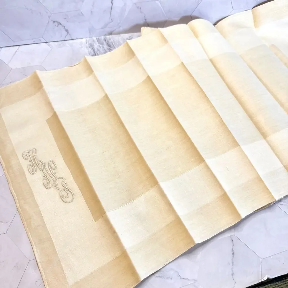 Antique Guest Towels Set 6 Ivory Linen Two Tone Monogram HNJ French 1920s EUC